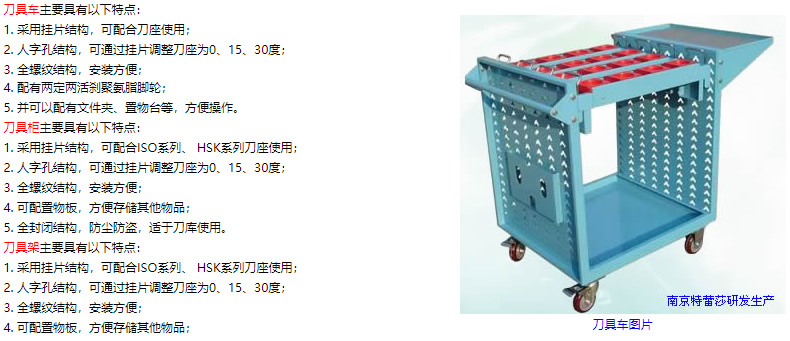 刀具車主要具有以下特點(diǎn)： 1. 采用掛片結(jié)構(gòu)，可配合刀座使用； 2. 人字孔結(jié)構(gòu)，可通過掛片調(diào)整刀座為0、15、30度； 3. 全螺紋結(jié)構(gòu)，安裝方便； 4. 配有兩定兩活剎聚氨脂腳輪； 5. 并可以配有文件夾、置物臺(tái)等，方便操作。 刀具柜主要具有以下特點(diǎn)： 1. 采用掛片結(jié)構(gòu)，可配合ISO系列、 HSK系列刀座使用； 2. 人字孔結(jié)構(gòu)，可通過掛片調(diào)整刀座為0、15、30度； 3. 全螺紋結(jié)構(gòu)，安裝方便； 4. 可配置物板，方便存儲(chǔ)其他物品； 5. 全封閉結(jié)構(gòu)，防塵防盜，適于刀庫使用。 刀具架主要具有以下特點(diǎn)： 1. 采用掛片結(jié)構(gòu)，可配合ISO系列、 HSK系列刀座使用； 2. 人字孔結(jié)構(gòu)，可通過掛片調(diào)整刀座為0、15、30度； 3. 全螺紋結(jié)構(gòu)，安裝方便； 4. 可配置物板，方便存儲(chǔ)其他物品；